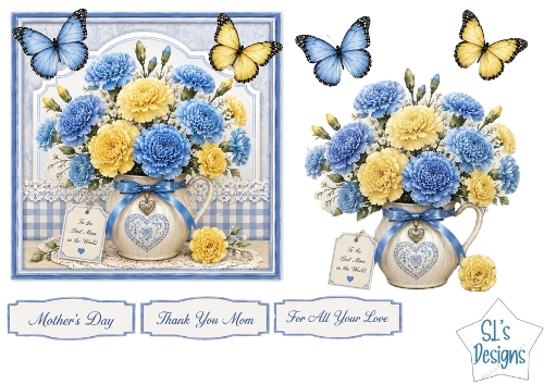 Blue & Yellow Carnation Pitcher Card Front – Elegant Mothers Day Printable with Sentiment Labels