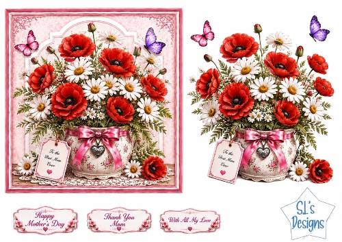 Poppy & Daisy Floral Vase Card Front – Elegant Mothers Day Printable with Sentiment Labels