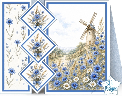 Blue Cornflowers & Country Windmill Pastoral Card Front