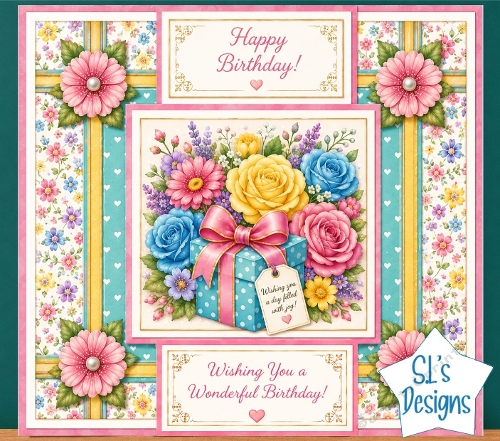 Colorful Birthday Bouquet & Teal Gift Box Joyful Celebration Card Front