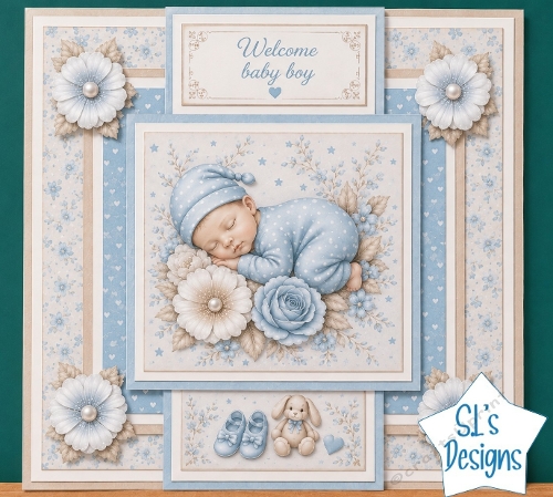 Sleeping Baby Boy Blue Florals Welcome Baby Card Front