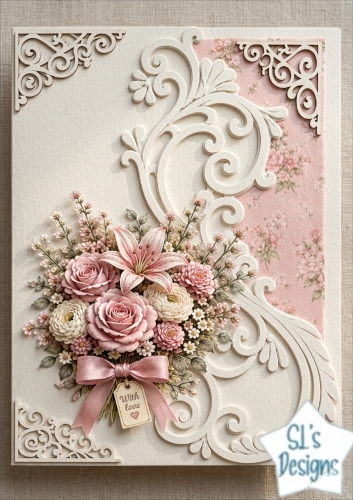 With Love Floral Bouquet – Elegant Pink & White Card Topper