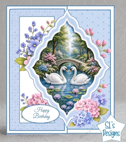 White Swans on Tranquil Pond Floral Blue Birthday Card Front