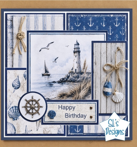 Nautical Lighthouse & Sailboat Blue Maritime Birthday Card Front