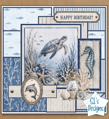 Sea Turtle & Ocean Treasures Nautical Blue Birthday Card Front