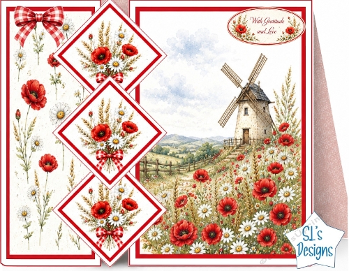 Red Poppies & Country Windmill With Gratitude and Love Card Front