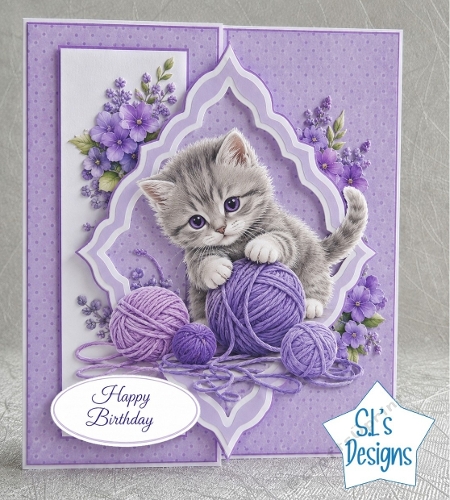 Cute Gray Kitten with Purple Yarn Floral Lavender Birthday Card Front