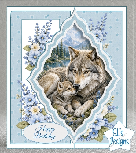 Wolves in Mountain Landscape Blue Floral Happy Birthday Card Front