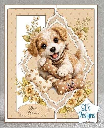 Cute Puppy with Heart Bone Beige Floral Best Wishes Card Front