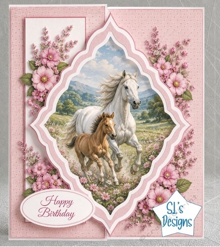 Running Horses in Pink Meadow Floral Happy Birthday Card Front