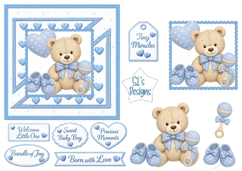Sweet Baby Boy Teddy Card Front – Blue Newborn Printable with Sentiment Labels