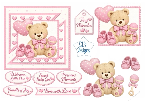 Sweet Baby Girl Teddy Card Front – Pink Newborn Printable with Sentiment Labels