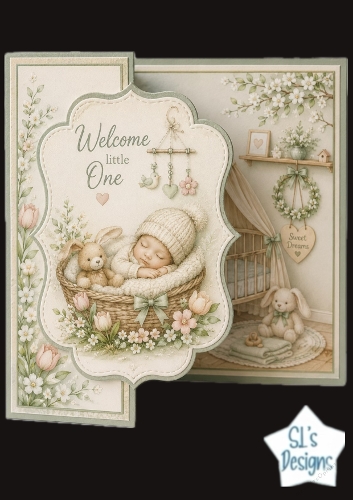 Welcome Little One Baby Card Front – Soft Pastel Newborn Basket & Bunny Design