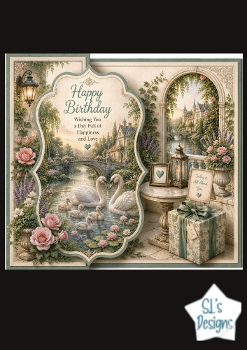 Elegant Swan Birthday Card Front – Fairytale Castle, Roses & Pastel Floral Design