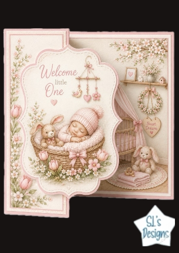 Welcome Little One Baby Girl Card Front – Pink Pastel Newborn Basket & Bunny Design