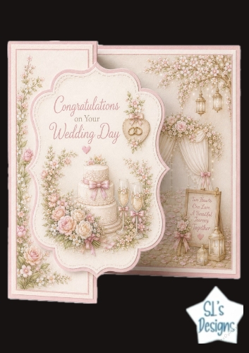Elegant Wedding Day Card Front – Floral Cake, Champagne & Romantic Arch Design