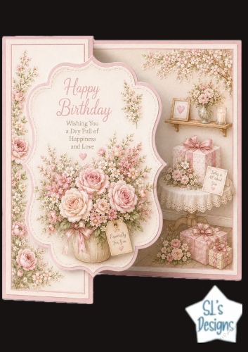 Elegant Pink Floral Birthday Card Front – Roses, Gifts & Soft Pastel Design