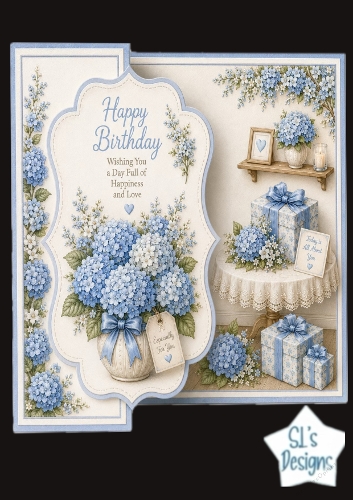 Blue Floral Birthday Card Front – Hydrangeas, Gifts & Soft Pastel Elegant Design