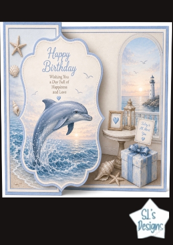 Coastal Dolphin Birthday Card Front – Ocean Sunset, Lighthouse & Seashell Design