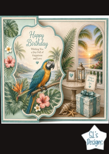 Tropical Parrot Birthday Card Front – Sunset Ocean View & Exotic Floral Design
