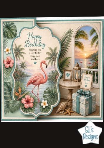Tropical Flamingo Birthday Card Front – Exotic Flowers, Sunset Ocean View & Island Design