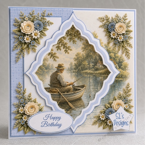 Fisherman in Rowboat Blue Floral River Scene Happy Birthday Card Front