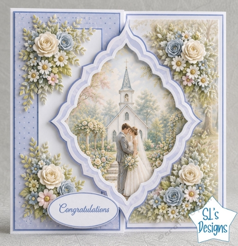 Bride & Groom at Chapel Pastel Floral Congratulations Wedding Card Front