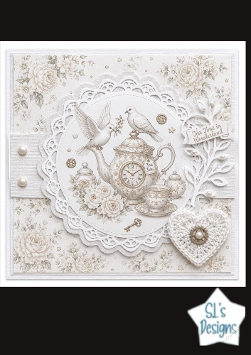 Tea Time in Wonderland Card Front – Vintage Teapot Clock, Doves & Shabby Chic Lace Design