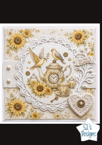 Sunflower Tea Time Card Front – Vintage Teapot & Yellow Birds