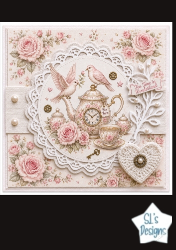 Pink Tea Time Card Front – Vintage Teapot & Birds