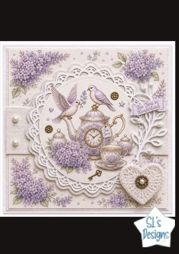 Lilac Tea Time Card Front – Vintage Teapot & Birds