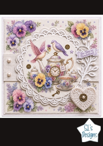 Pansy Tea Time Card Front – Vintage Teapot & Birds