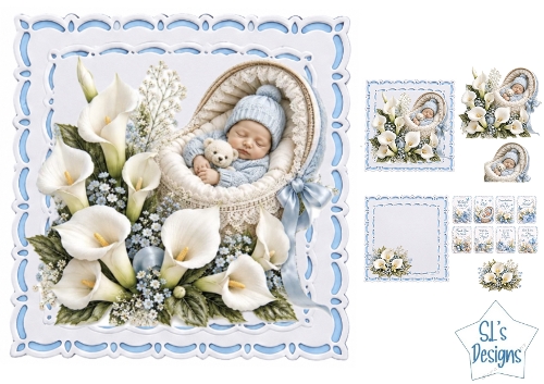 Sleeping Baby Boy in Basket Blue Florals Multi‑Panel Card Front & Toppers