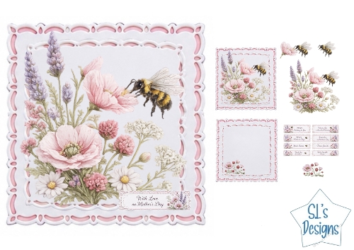 Bee & Pink Poppies Floral Pastel Mothers Day Card Front & Sentiment Toppers