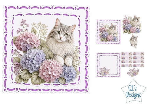 Gray Cat with Pastel Hydrangeas Purple Floral Card Front & Toppers