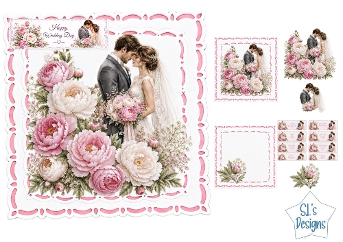 Bride & Groom with Pink Peonies Elegant Wedding Day Card Front & Toppers