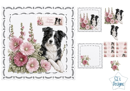 Border Collie with Pink & Red Hollyhocks Floral Card Front & Toppers
