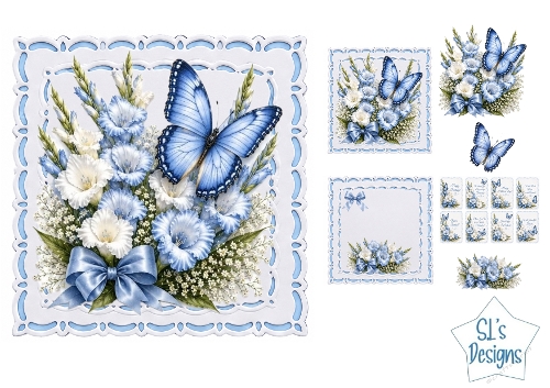 Blue Butterfly & White‑Blue Floral Bouquet Elegant Card Front & Toppers