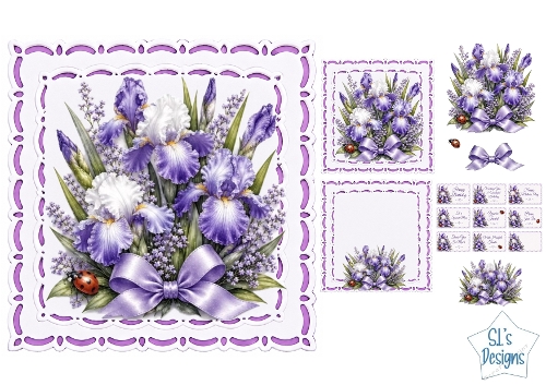 Purple & White Irises with Lavender Bow Floral Card Front & Sentiment Toppers