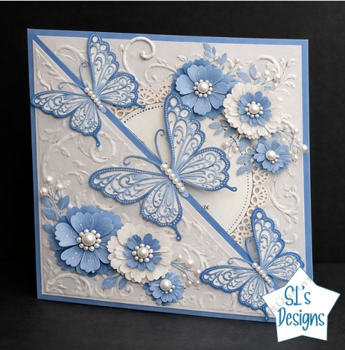 Blue Filigree Butterflies & Paper Flowers Elegant Embossed Card Front