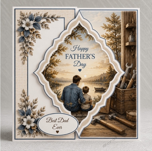Father & Child on Lakeside Dock Blue Floral Fathers Day Card Front