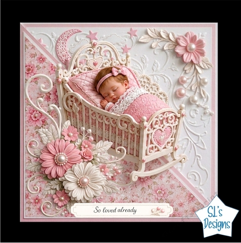 Sleeping Baby Girl in Pink Cradle Floral Embossed Card Front