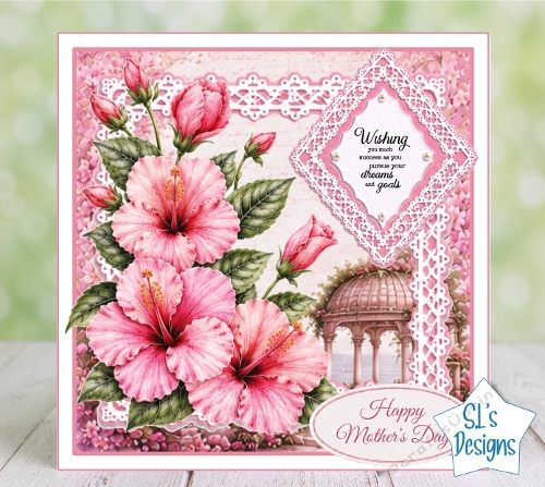Pink Hibiscus Flowers with Elegant Gazebo Mothers Day Card Front
