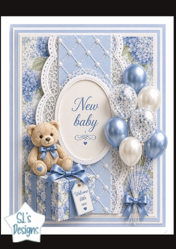 Blue New Baby Teddy & Balloons Card Topper