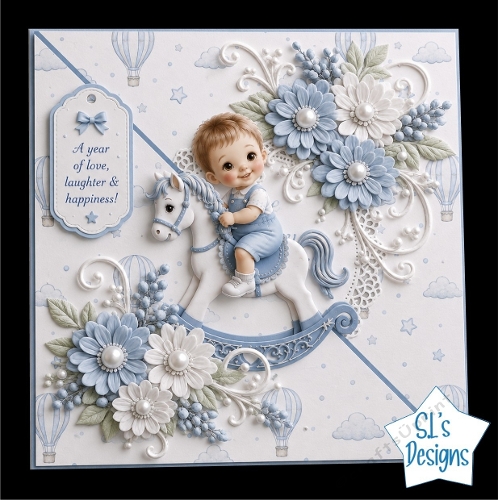 Baby Boy on Blue Rocking Horse Floral Card Front for New Baby