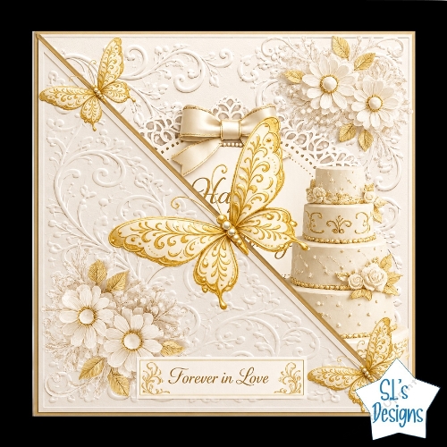 Gold Butterflies & Floral Wedding Cake Elegant Embossed Card Front