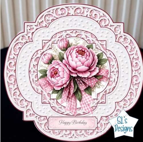 Pink Peonies with Ribbons Round Birthday Card Front
