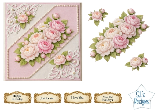 Pink and White Peonies with Elegant Scrollwork Floral Card Front & Toppers