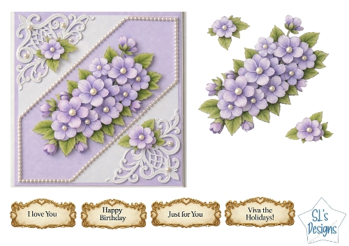 Lavender Flowers with Elegant Filigree Floral Card Front & Sentiment Toppers