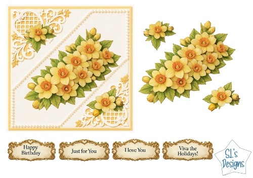 Yellow Daffodils with Gold Scrollwork Floral Card Front & Sentiment Toppers